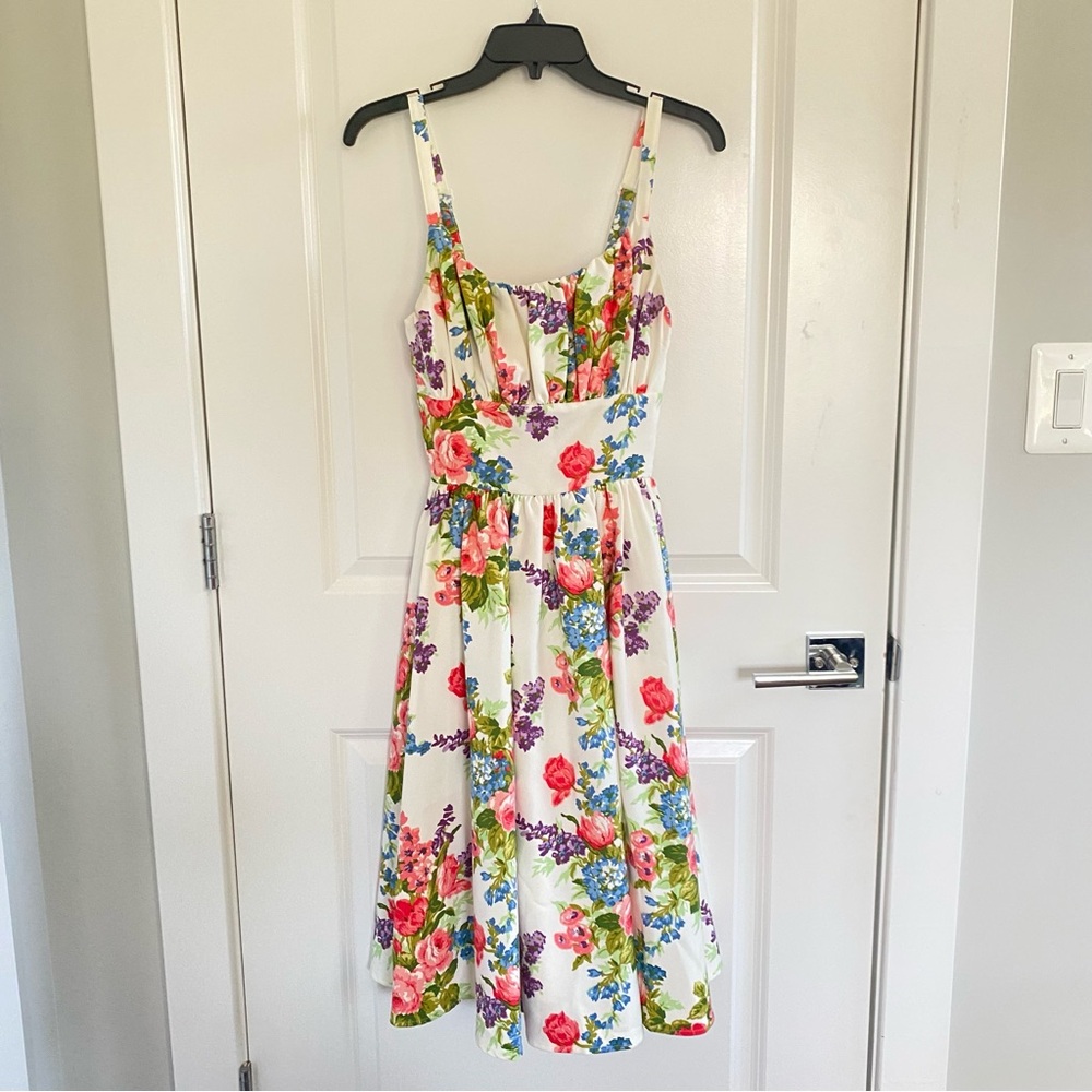 Vixen by Micheline Pitt Pink Floral Midi Dress with Rose Belt - Picture 2 of 5